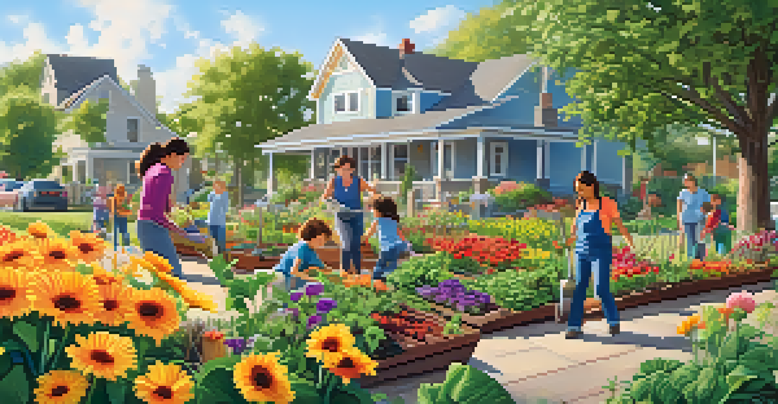 A family volunteering in a colorful community garden, planting flowers and enjoying the outdoors.
