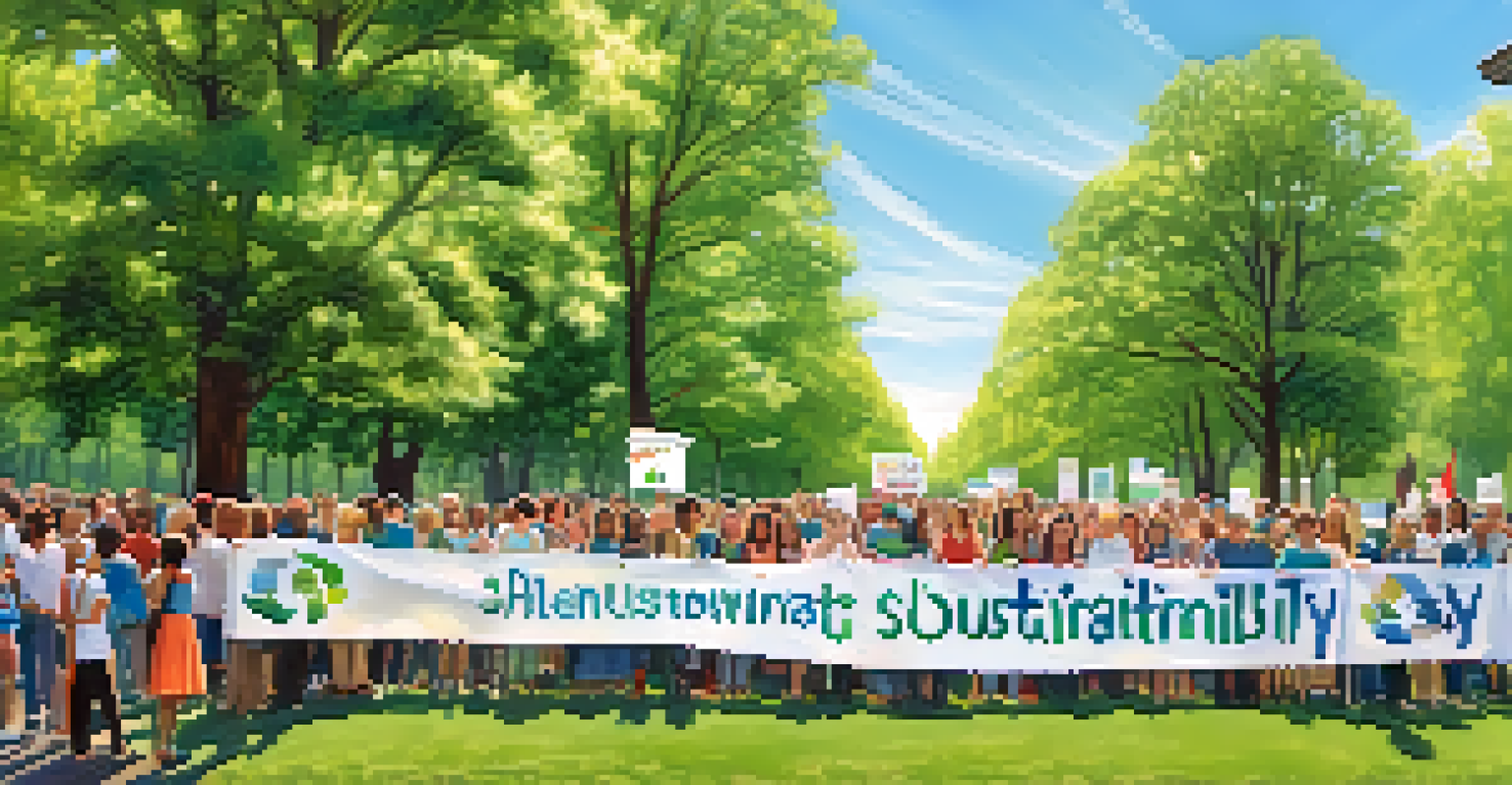 A diverse crowd in a city park holding signs and banners advocating for sustainability, under a clear blue sky.