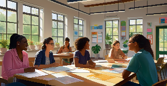 A diverse group of teachers collaborating in a bright classroom, surrounded by plants and student artwork, creating a positive atmosphere.