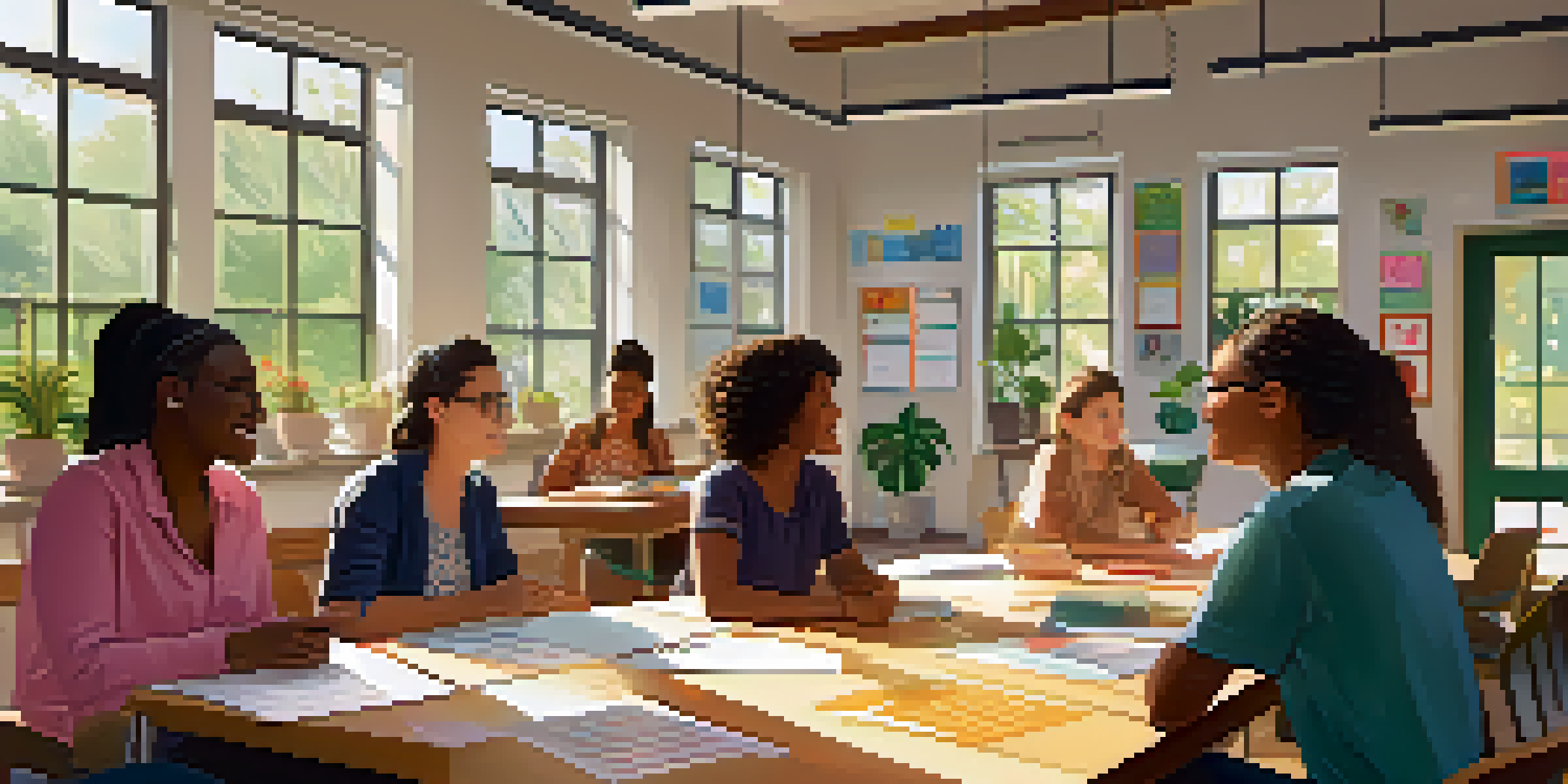 A diverse group of teachers collaborating in a bright classroom, surrounded by plants and student artwork, creating a positive atmosphere.