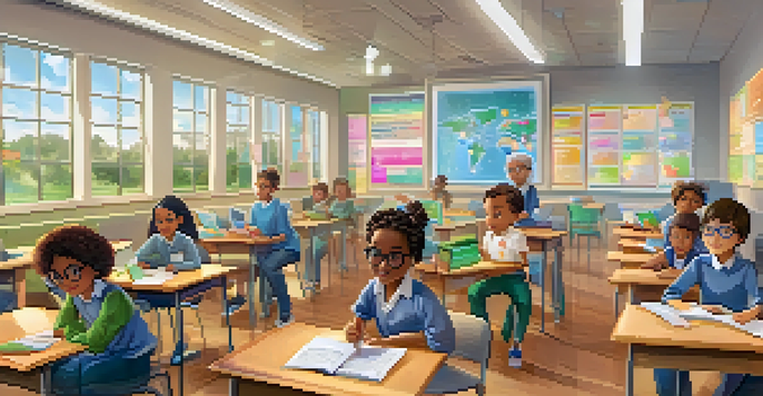 A teacher analyzing learning analytics data in a bright classroom with diverse students engaged in various activities.