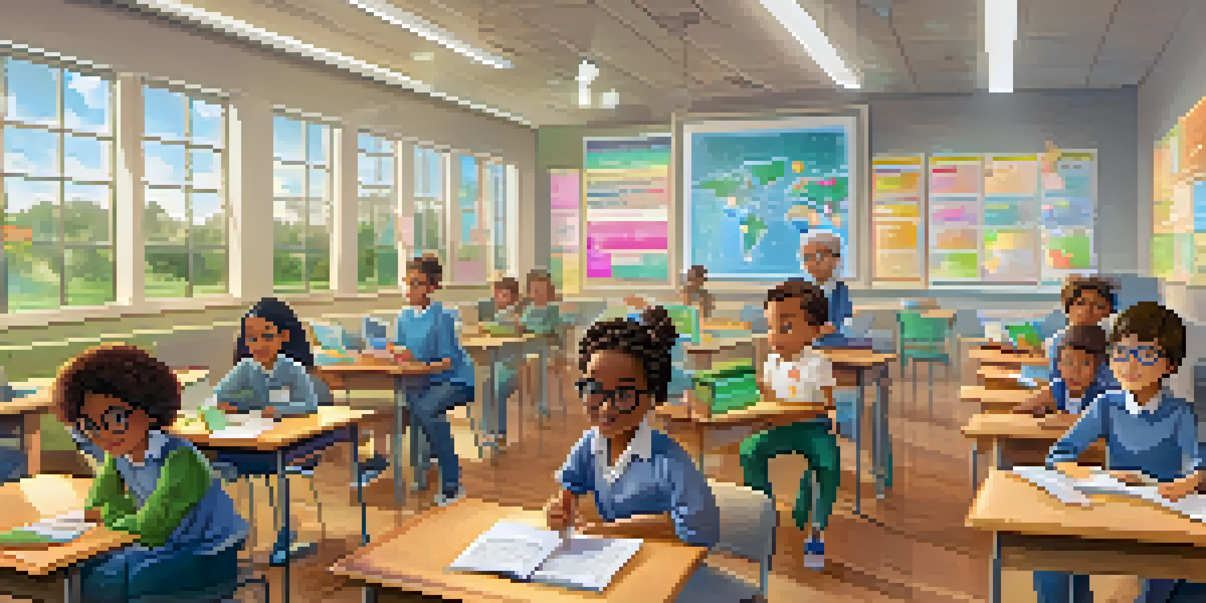 A teacher analyzing learning analytics data in a bright classroom with diverse students engaged in various activities.