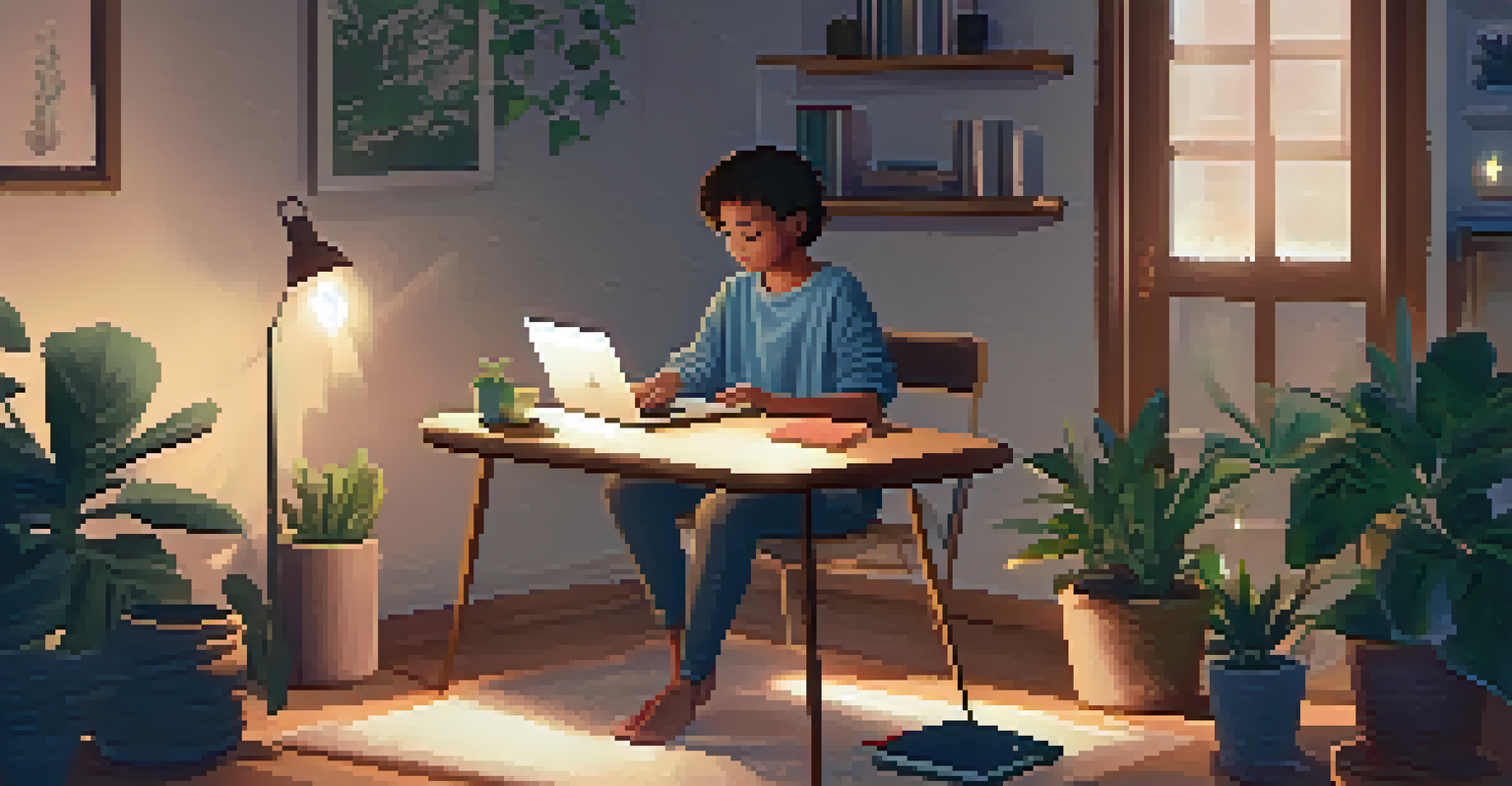 A student sitting peacefully in a comfortable chair, practicing mindfulness with a laptop open, surrounded by calming items like candles and plants.