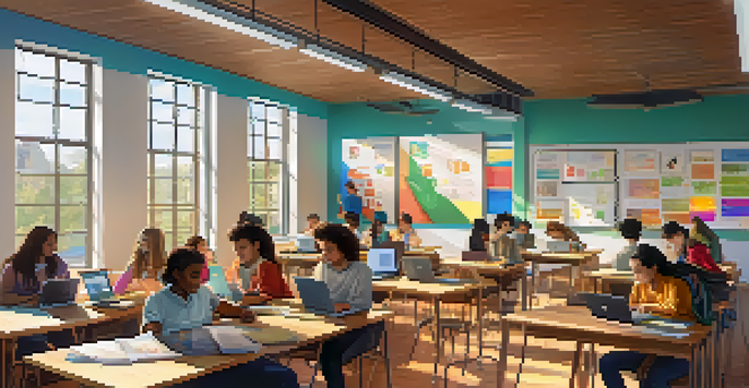 A lively classroom with diverse students working together on a project, surrounded by educational posters and illuminated by natural light.