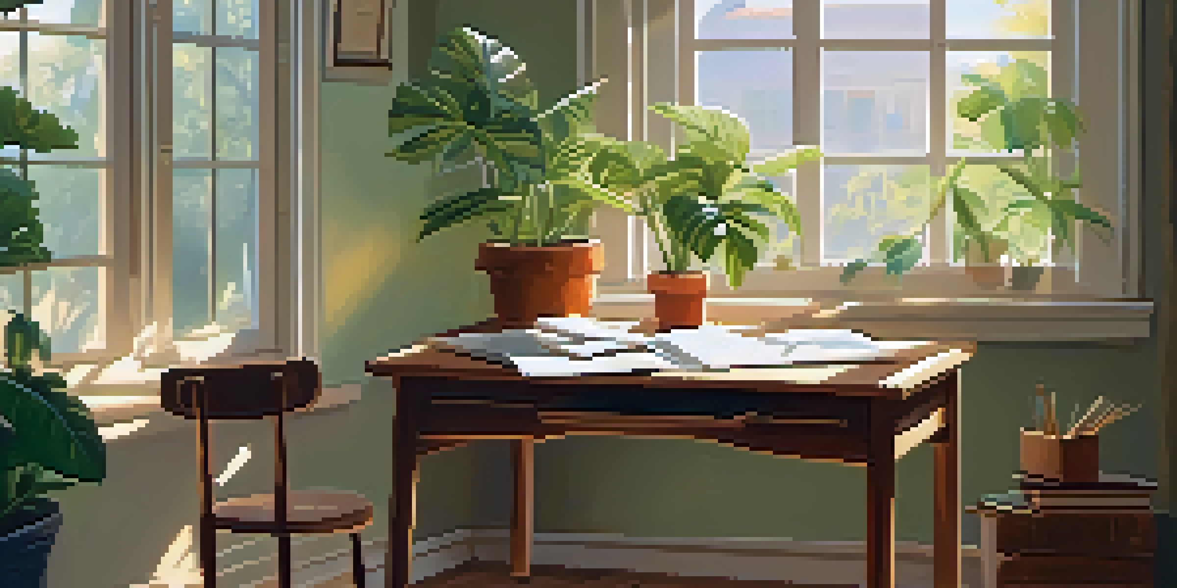 A cozy study space featuring a wooden desk, a notebook with notes, sunlight coming through a window, and a potted plant, creating a calming learning environment.
