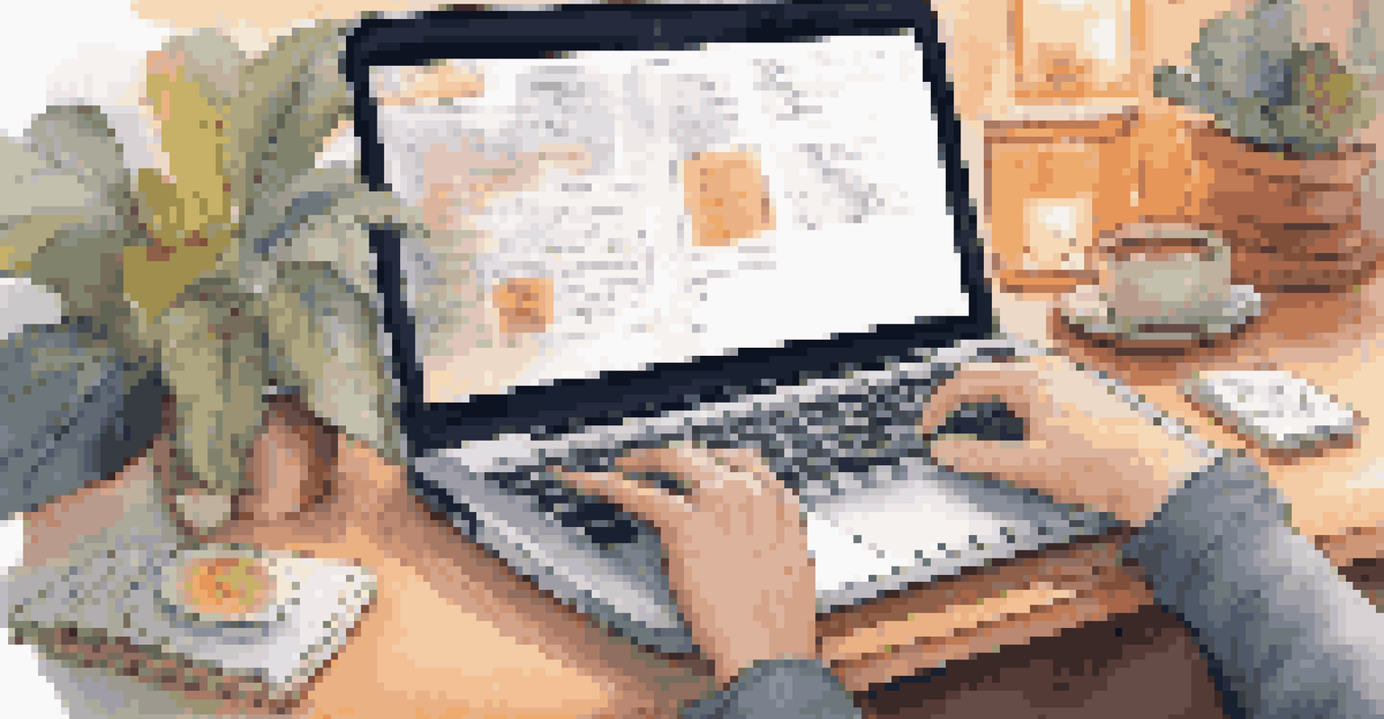 Close-up of hands typing on a laptop during an online brainstorming session, with a cozy workspace in the background.