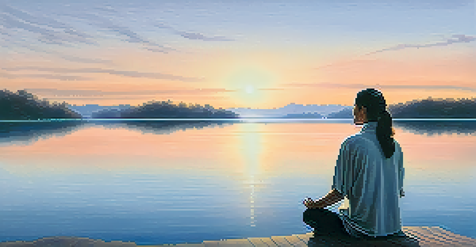A person meditating by a quiet lake at sunrise, with soft colors in the sky and reflections on the water, creating a tranquil atmosphere.