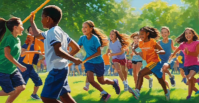 A lively outdoor sports day with diverse students participating in a relay race, surrounded by colorful banners and green grass under bright sunlight.