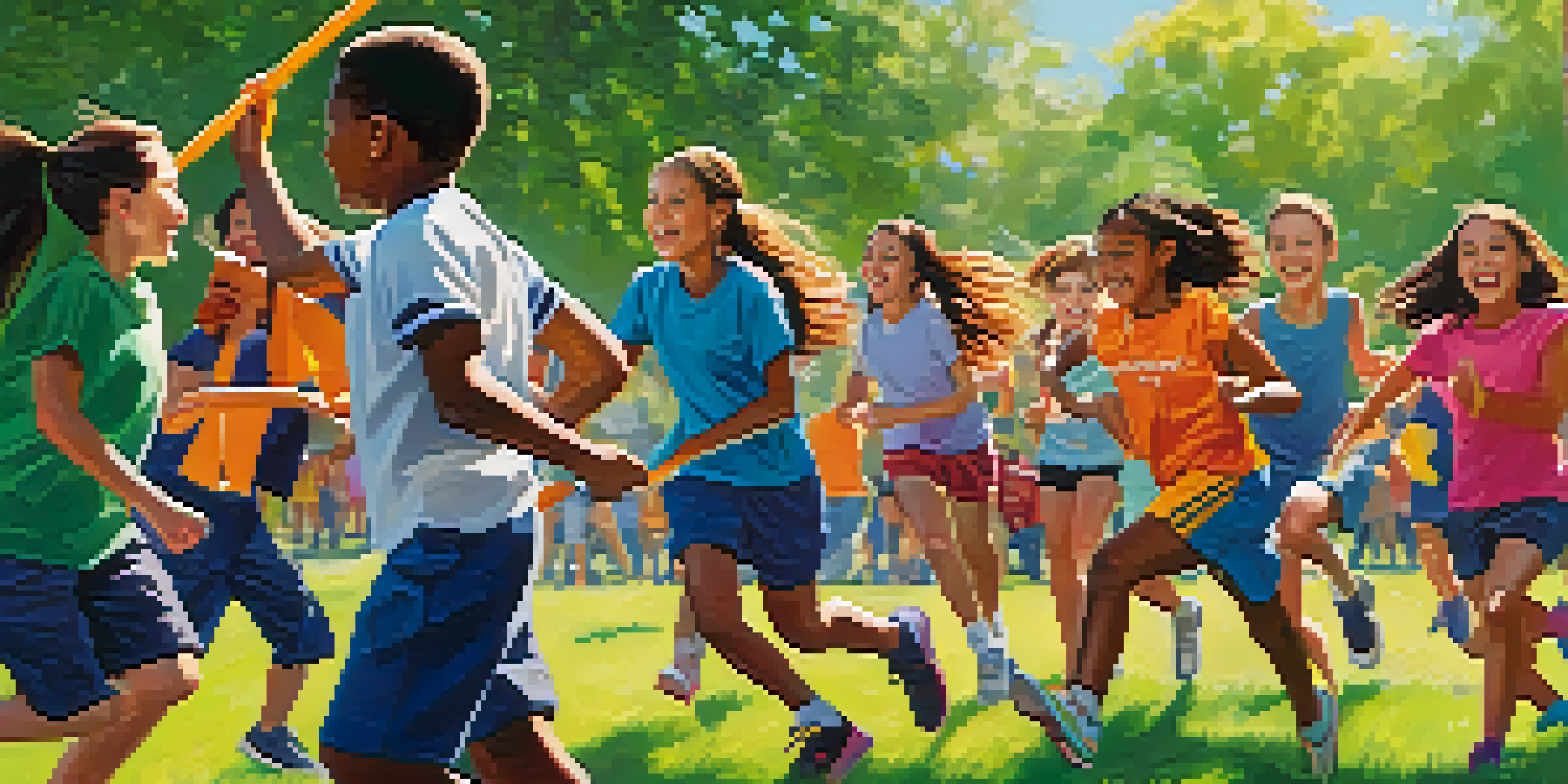 A lively outdoor sports day with diverse students participating in a relay race, surrounded by colorful banners and green grass under bright sunlight.