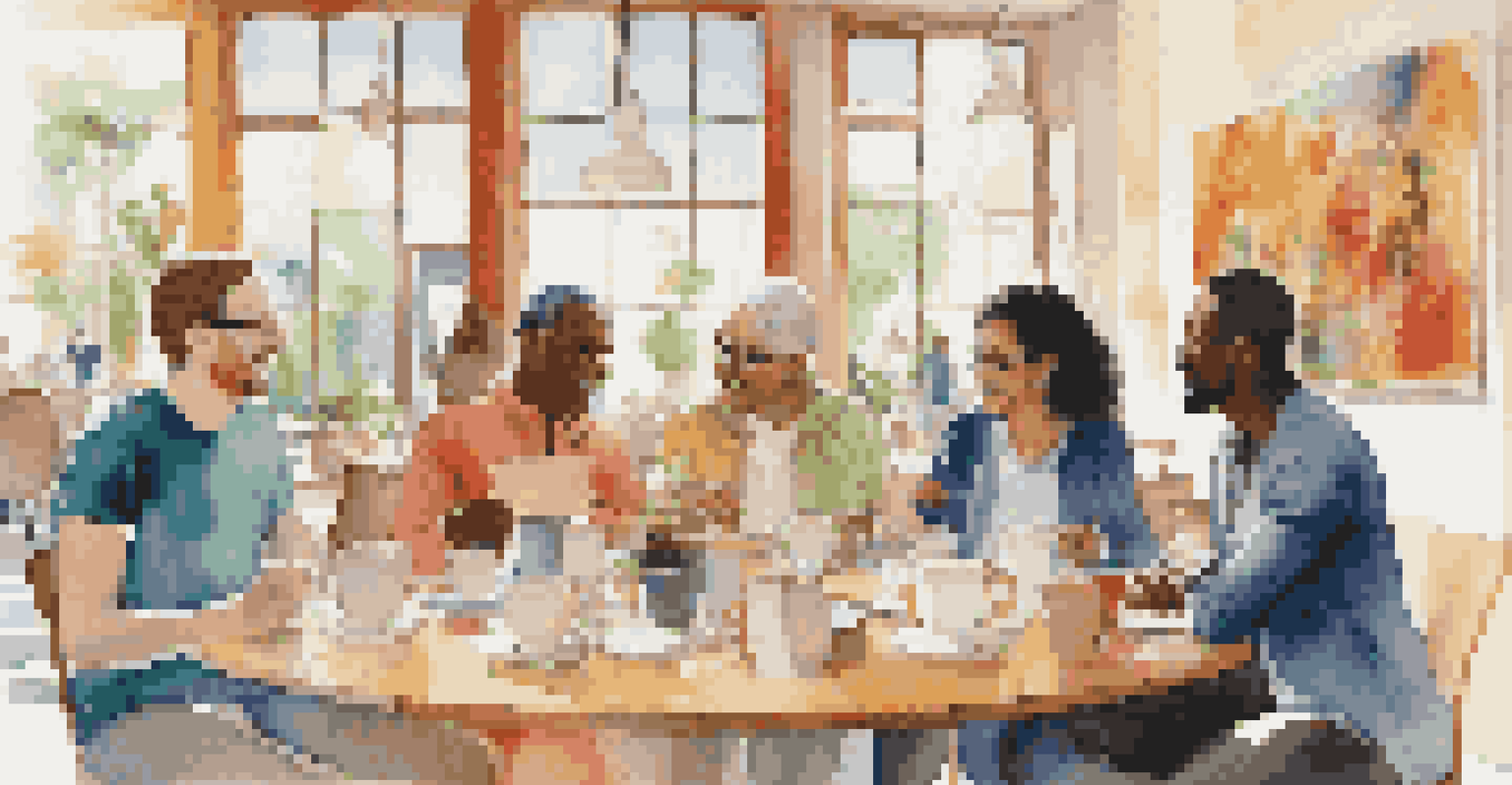 A diverse group of adults participating in a language exchange at a café, surrounded by coffee and learning materials in a bright atmosphere.