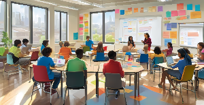 A lively classroom with diverse students collaborating around tables, engaged in discussions with laptops and books, in a bright and sunny environment.