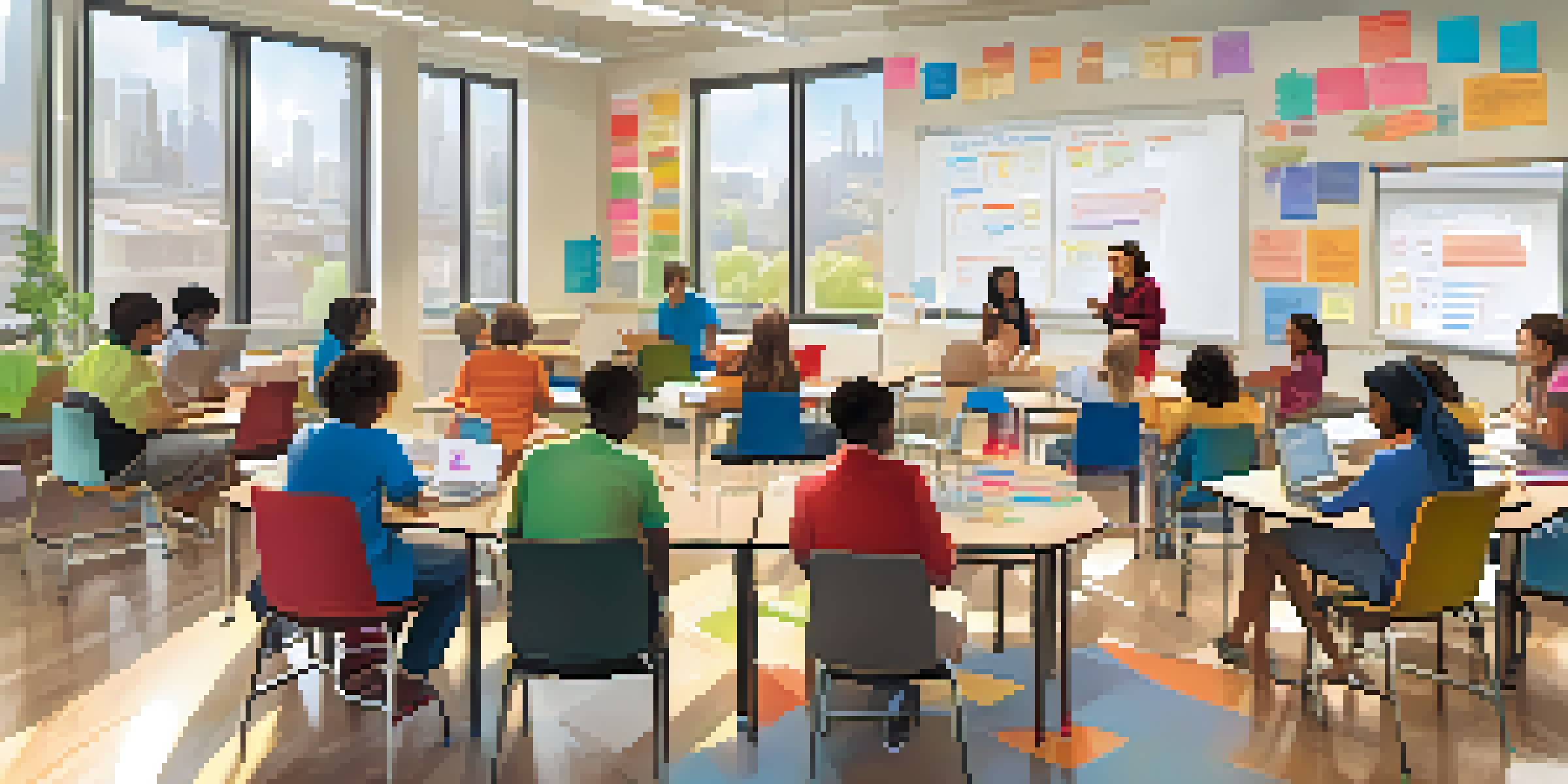 A lively classroom with diverse students collaborating around tables, engaged in discussions with laptops and books, in a bright and sunny environment.