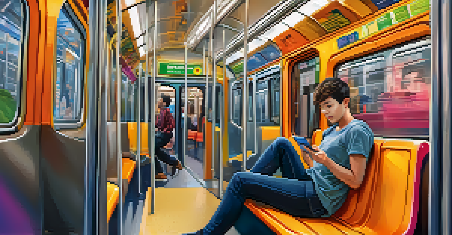 A person on a subway train using a mobile device to engage with a microlearning quiz, surrounded by diverse commuters.