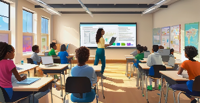 A teacher in a modern classroom using a laptop while students engage with tablets, showcasing a collaborative learning environment.