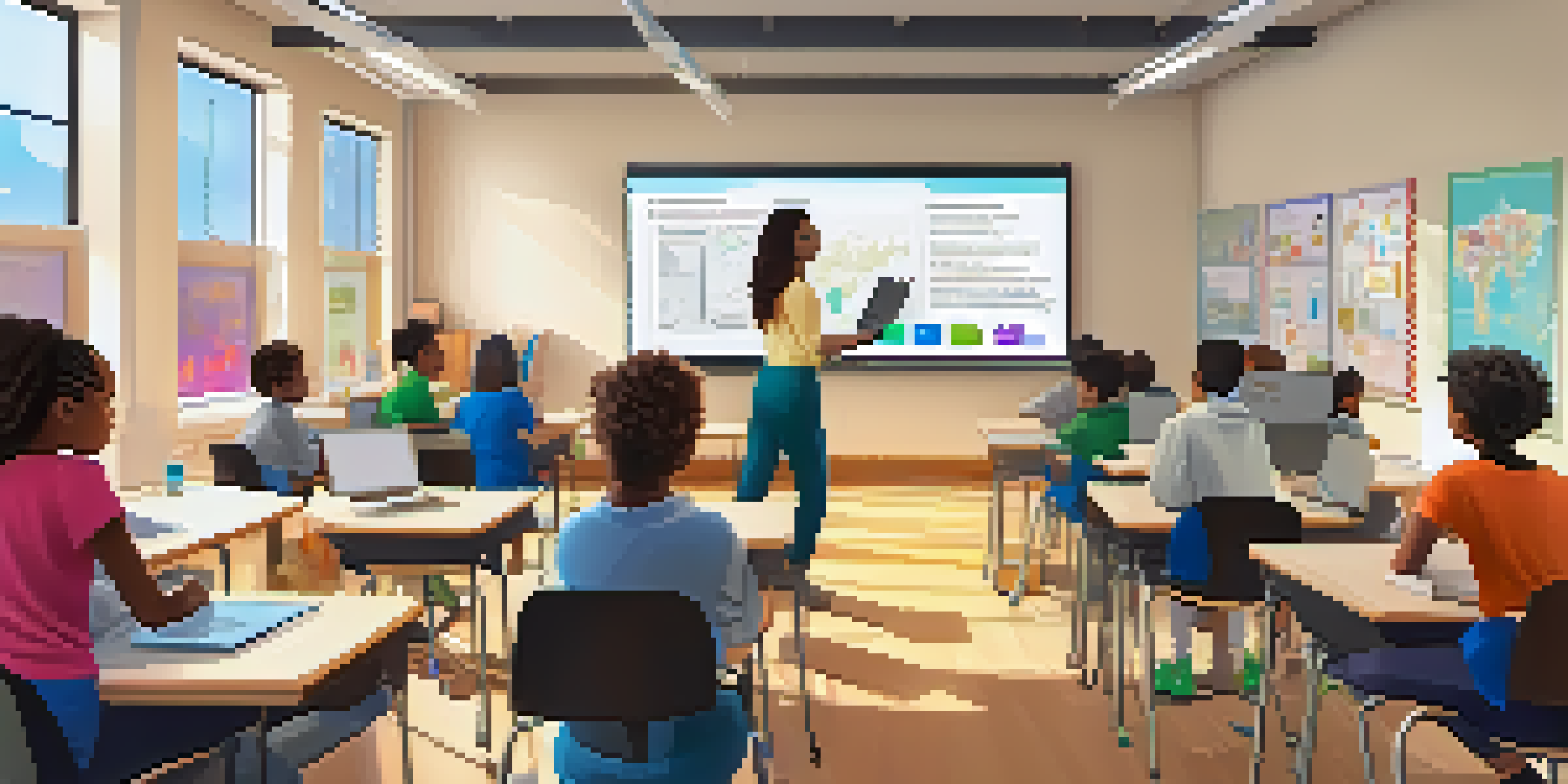 A teacher in a modern classroom using a laptop while students engage with tablets, showcasing a collaborative learning environment.