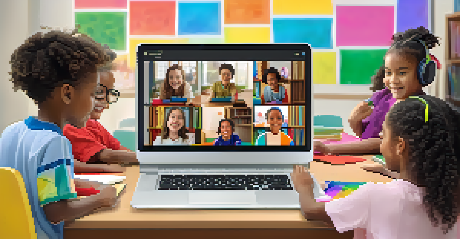 A lively virtual study group with children participating in a video call, surrounded by their study materials.
