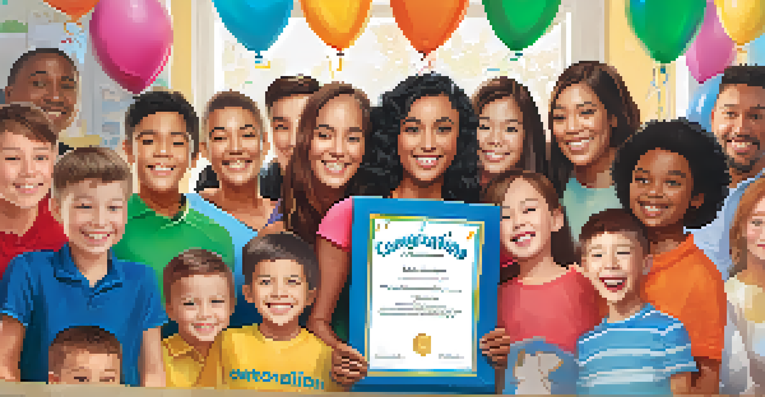 A success story post featuring a child holding a certificate, surrounded by family members in a joyful home setting.