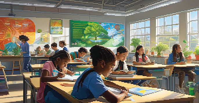A lively classroom where diverse students collaborate on science experiments, with sunlight pouring in and educational posters on the walls.