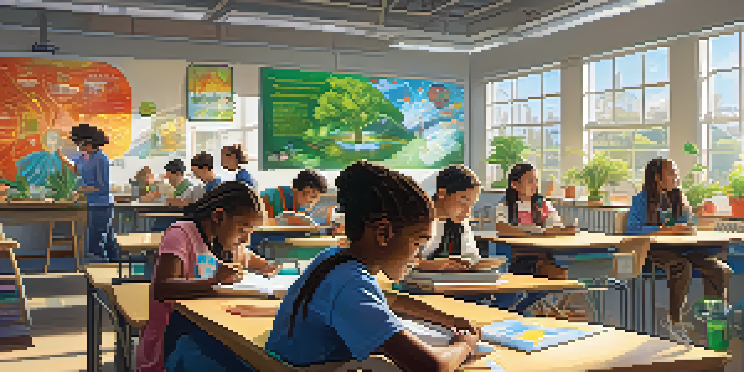 A lively classroom where diverse students collaborate on science experiments, with sunlight pouring in and educational posters on the walls.