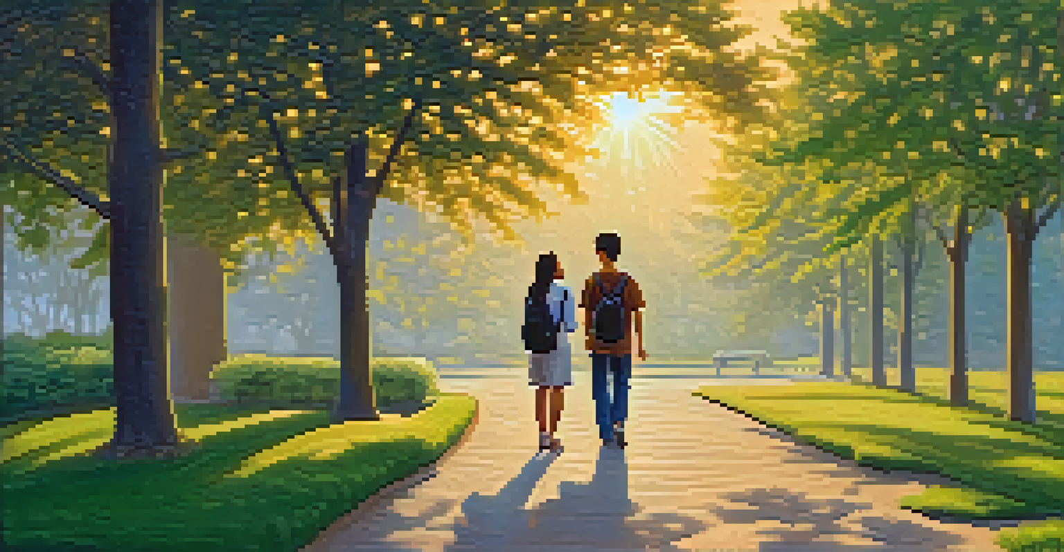 A mentor and a student walking in a park, engaged in conversation, with the mentor pointing towards the horizon under a sunset.