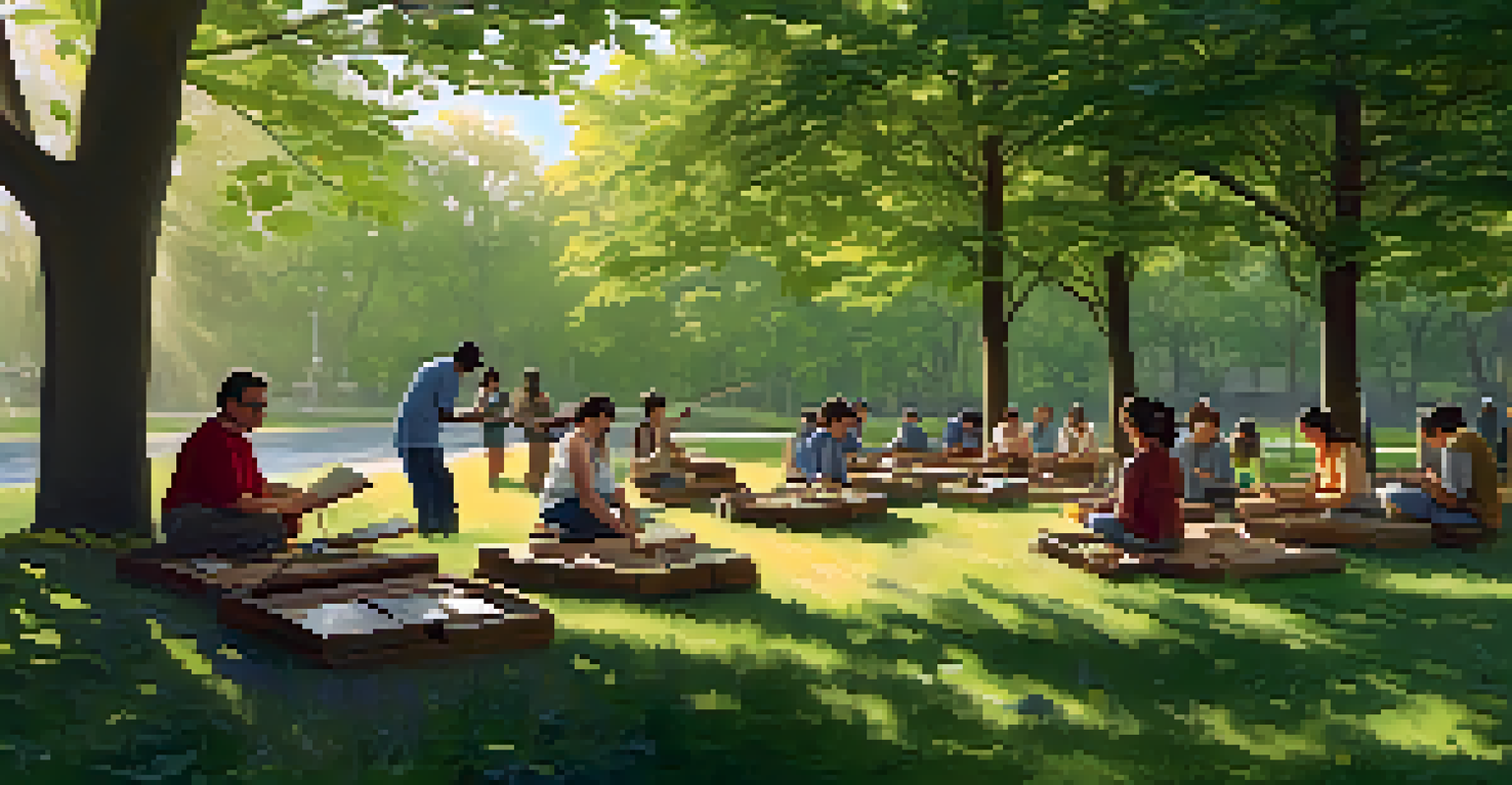 An instructor leading a hands-on outdoor workshop in a park, with participants from diverse cultures engaging with nature and traditional tools.