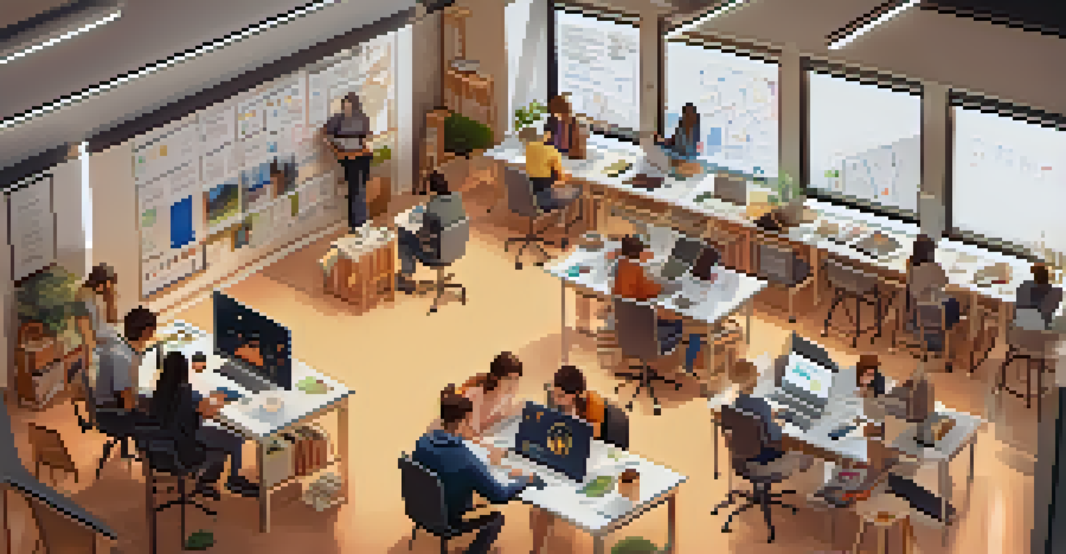 An overhead view of students collaborating at a workspace with laptops and mobile devices.