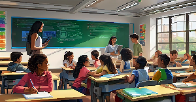 A diverse group of students in a bright classroom using tablets for interactive learning, with a teacher assisting one student.