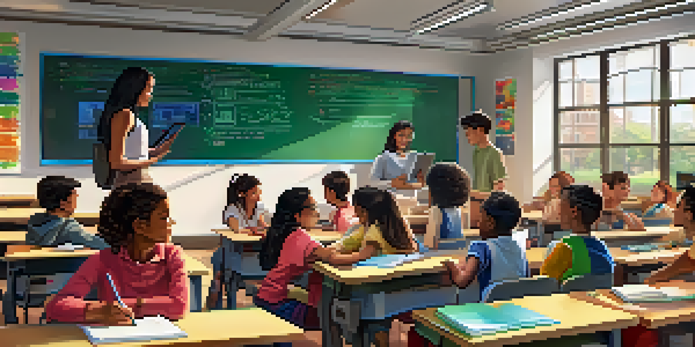 A diverse group of students in a bright classroom using tablets for interactive learning, with a teacher assisting one student.