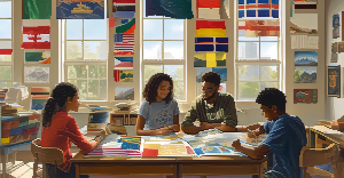 A classroom filled with students from different cultures working together on a project, surrounded by cultural decorations and natural light.