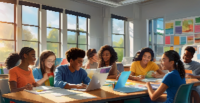 A diverse group of students working together on a project in a sunny classroom filled with books and laptops.