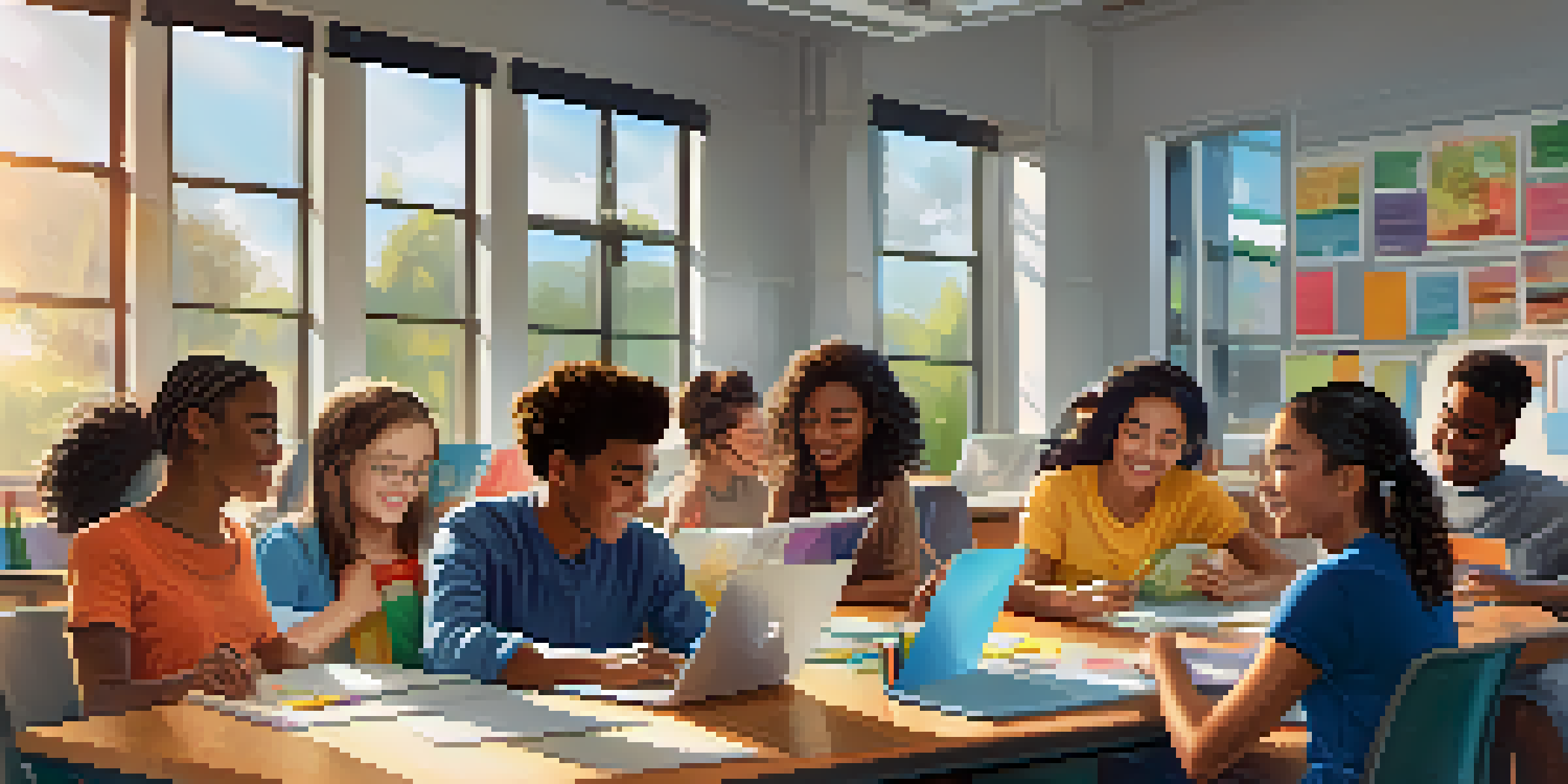 A diverse group of students working together on a project in a sunny classroom filled with books and laptops.