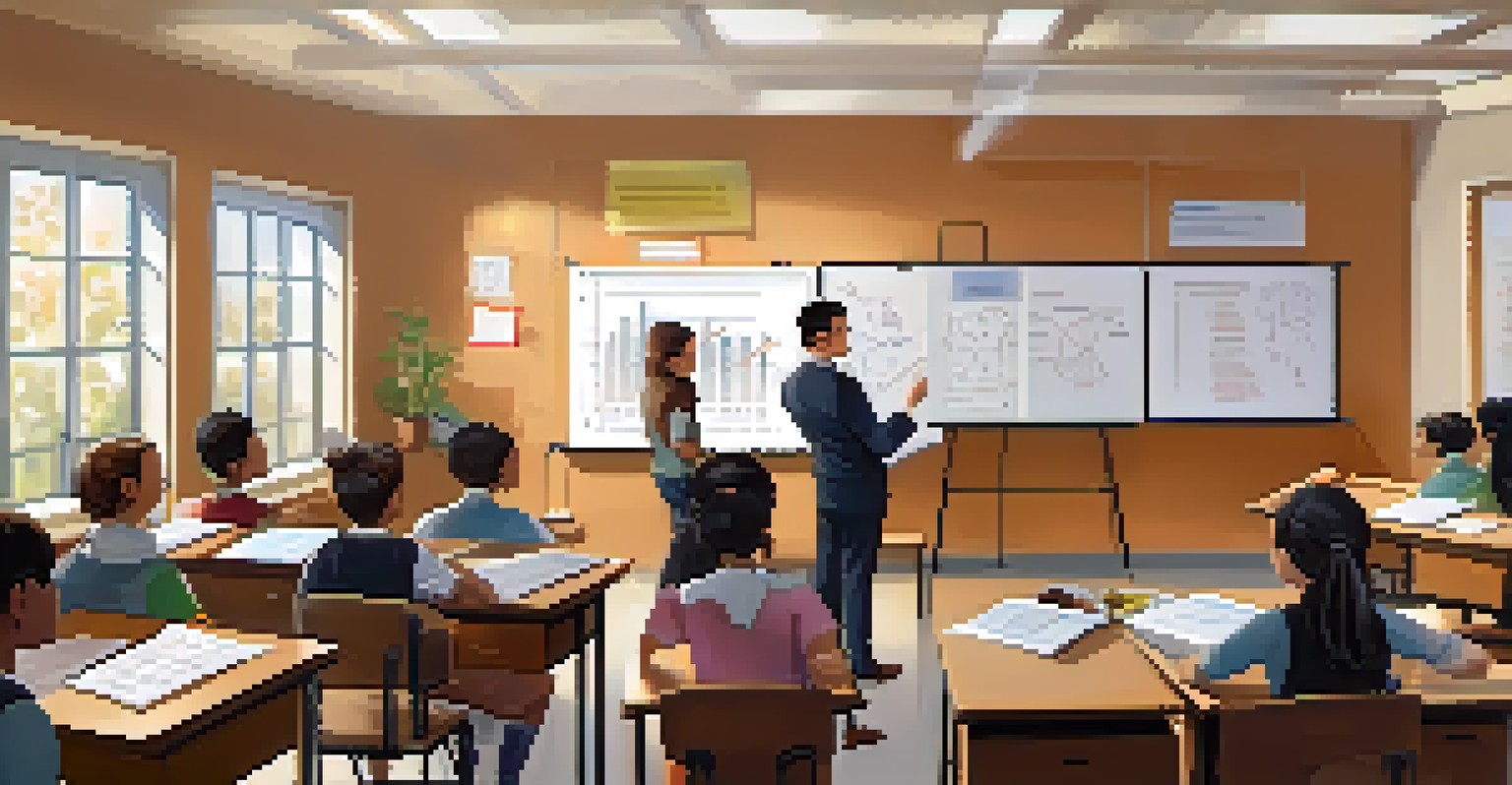 An educator teaching a diverse group of students using visual aids on a classroom board.