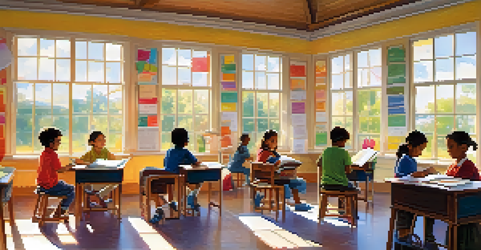 A vibrant classroom where children are participating in various educational activities, illuminated by sunshine.