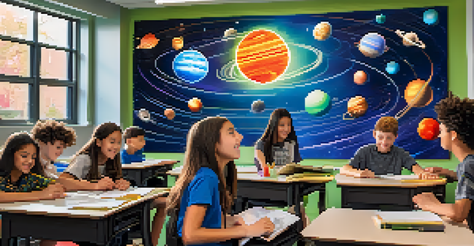 Students in a classroom using augmented reality to explore a 3D model of the solar system, with colorful educational materials around them.
