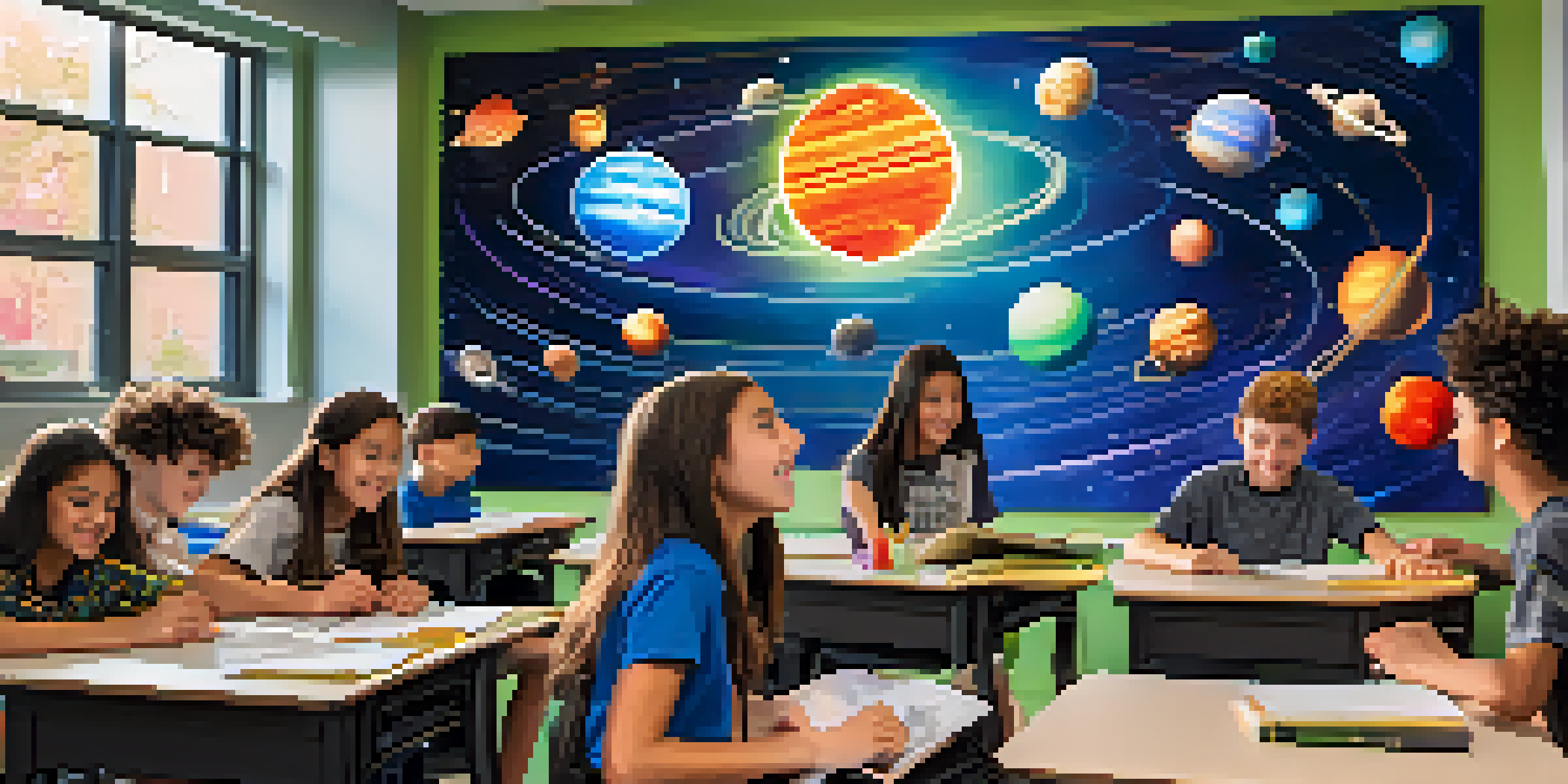 Students in a classroom using augmented reality to explore a 3D model of the solar system, with colorful educational materials around them.