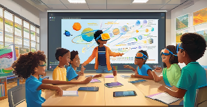 A diverse group of students in a bright classroom, wearing VR headsets and exploring the solar system, with a smiling teacher and colorful educational materials around.