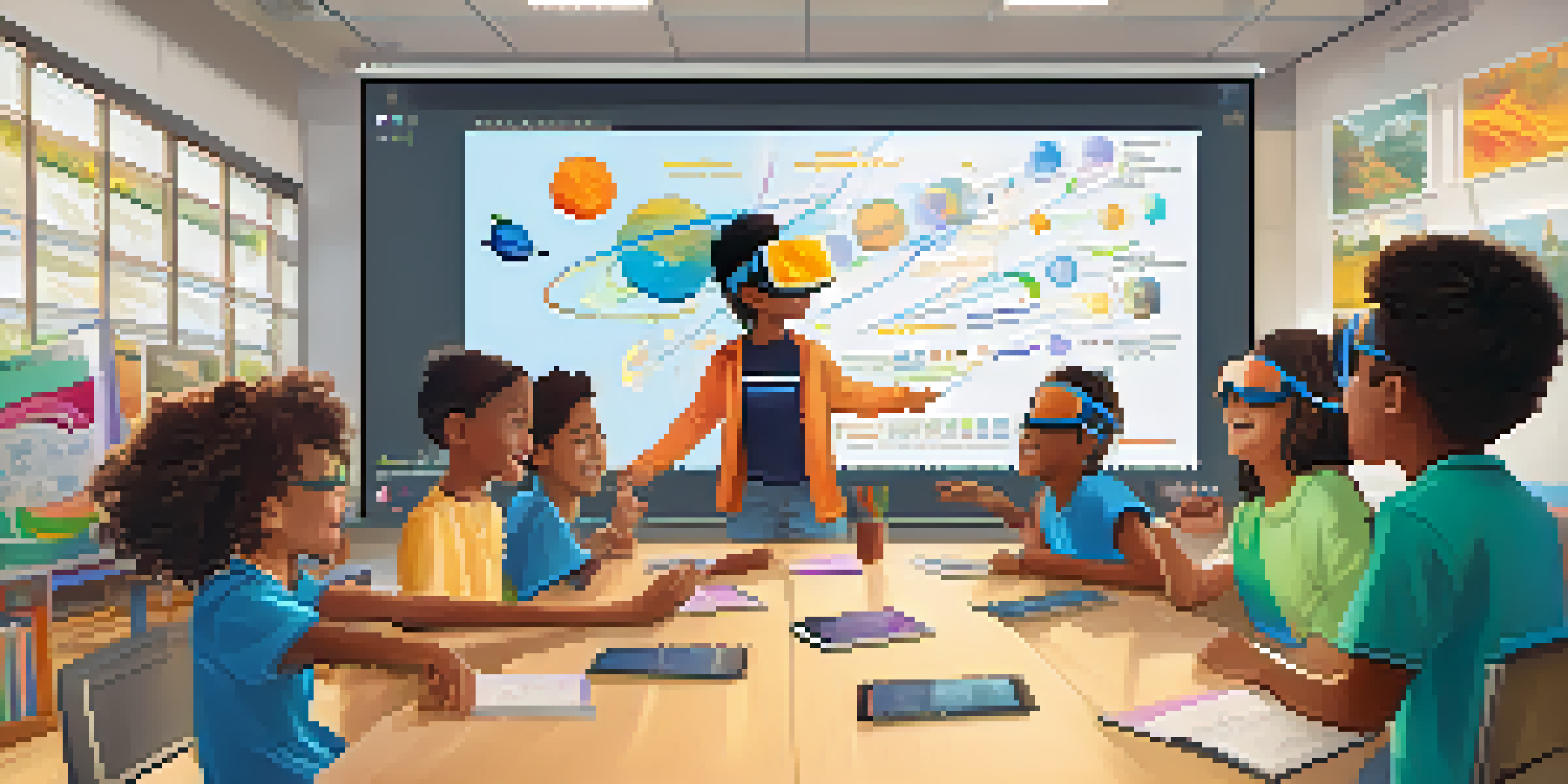 A diverse group of students in a bright classroom, wearing VR headsets and exploring the solar system, with a smiling teacher and colorful educational materials around.