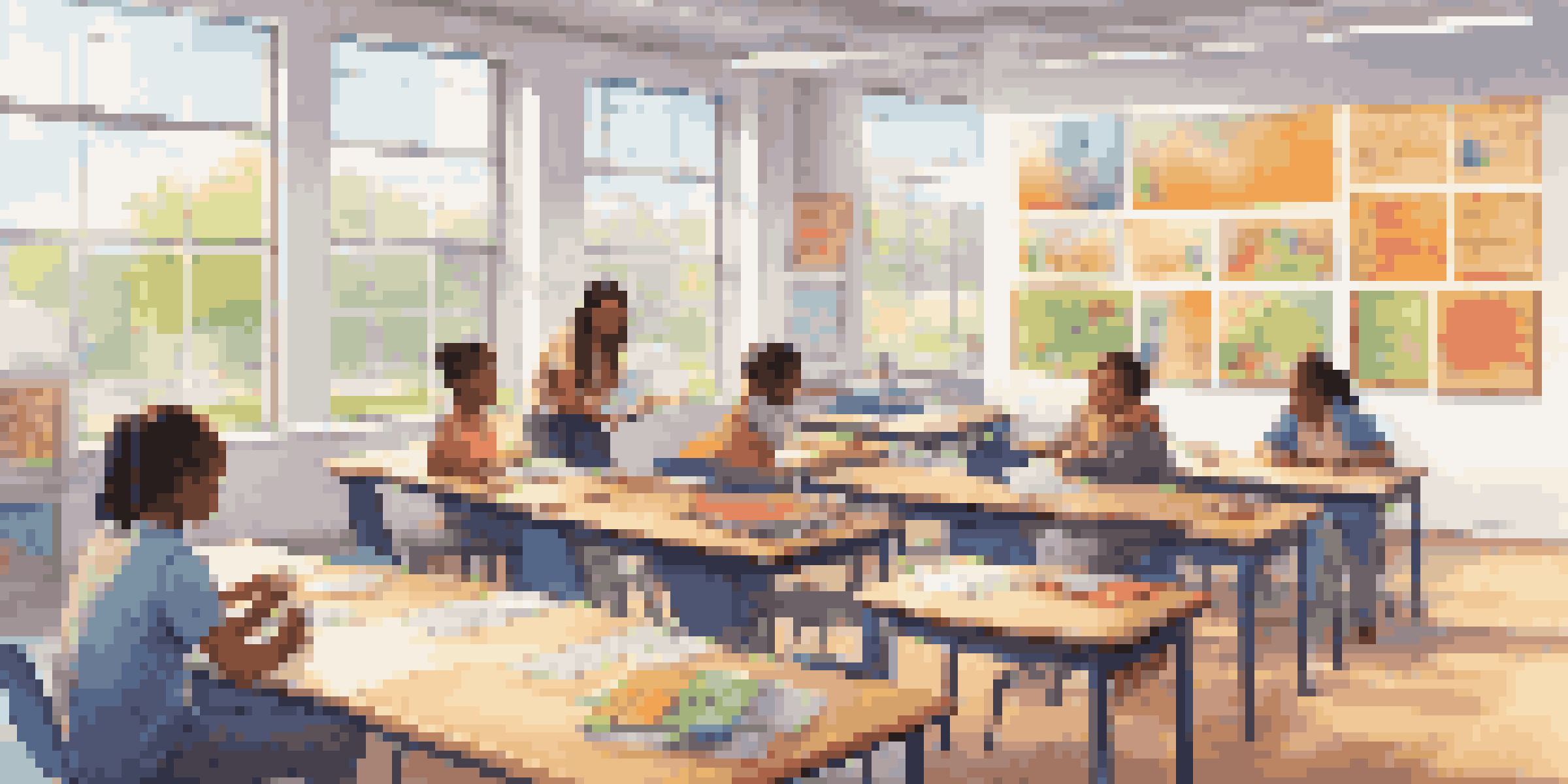 A bright classroom with a teacher and diverse students using tablets for adaptive testing, surrounded by educational posters.