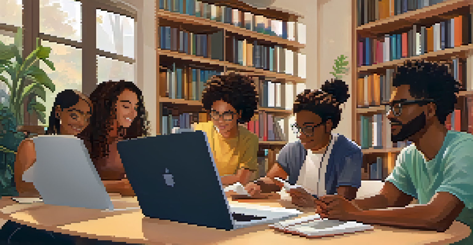 A virtual study group with diverse students discussing ideas over video calls in a warm, inviting setting.