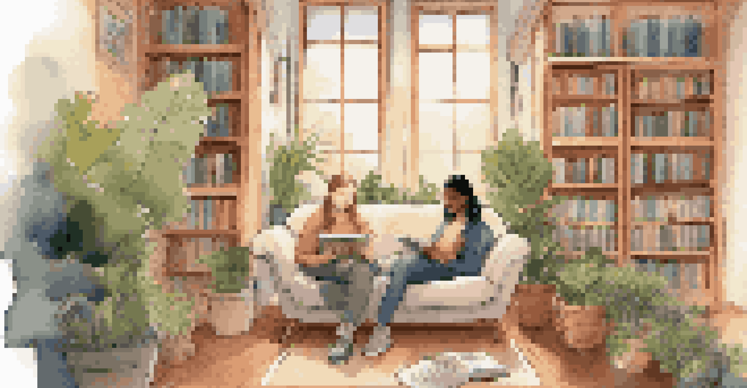 A reading nook in a library where students engage with different media, including books, podcasts, and tablets, surrounded by a cozy atmosphere.