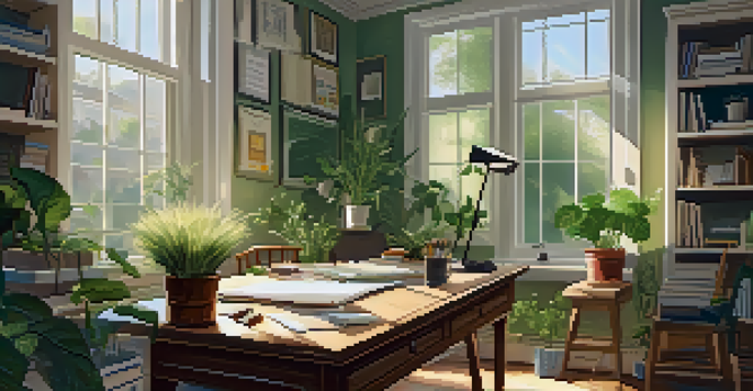 A bright study area with a wooden desk, art supplies, an open sketchbook, and a laptop, surrounded by plants and illuminated by sunlight.