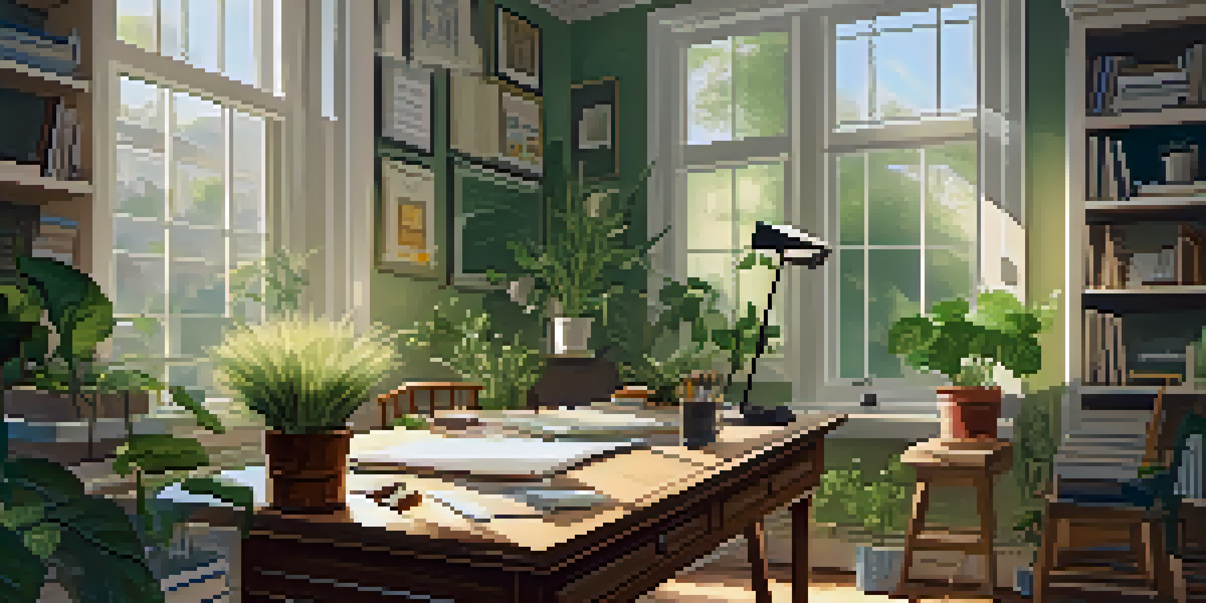 A bright study area with a wooden desk, art supplies, an open sketchbook, and a laptop, surrounded by plants and illuminated by sunlight.