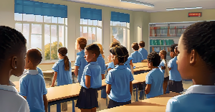 A classroom during a fire drill with students evacuating calmly under the guidance of a teacher, showcasing safety posters on the walls.