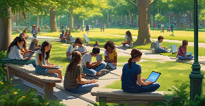 A peaceful outdoor setting showing diverse learners engaged with technology, surrounded by greenery and flowers.
