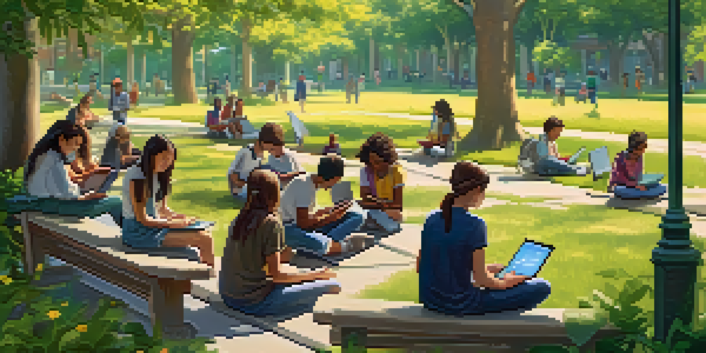 A peaceful outdoor setting showing diverse learners engaged with technology, surrounded by greenery and flowers.