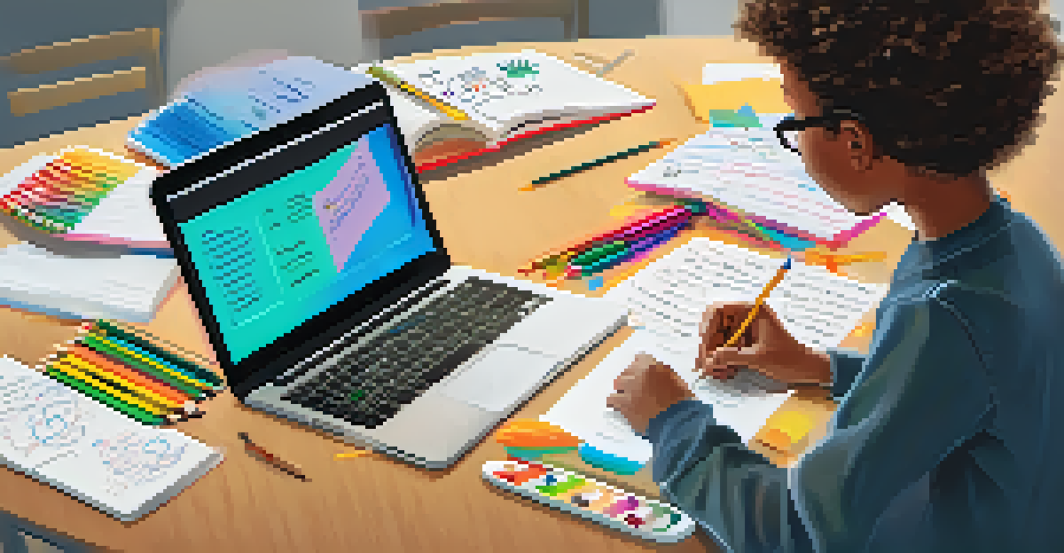 A close-up of a student's hands writing questions in a colorful notebook, surrounded by learning materials and a laptop.