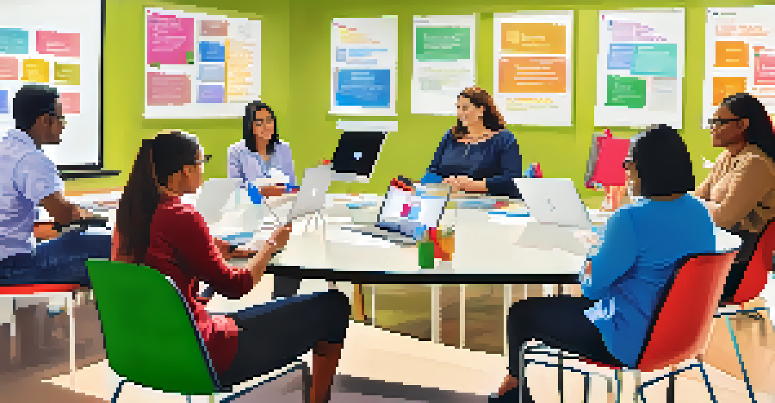 A group of teachers in a workshop, discussing technology in a modern classroom setting with laptops and bright decor.