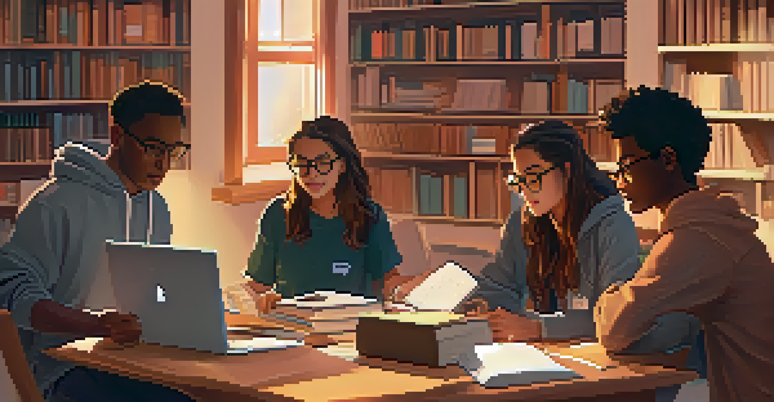Students working together on a virtual project in a cozy room, surrounded by books and technology, fostering a sense of community.