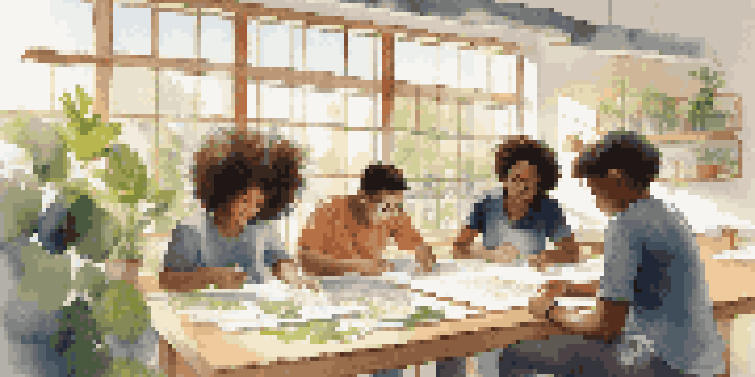 A diverse group of students working together on an environmental project in a bright classroom filled with plants.