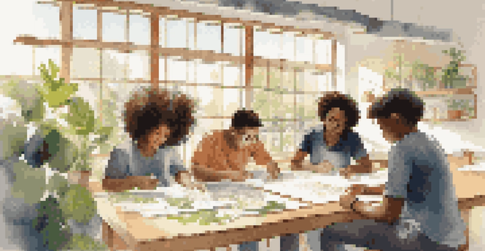 A diverse group of students working together on an environmental project in a bright classroom filled with plants.